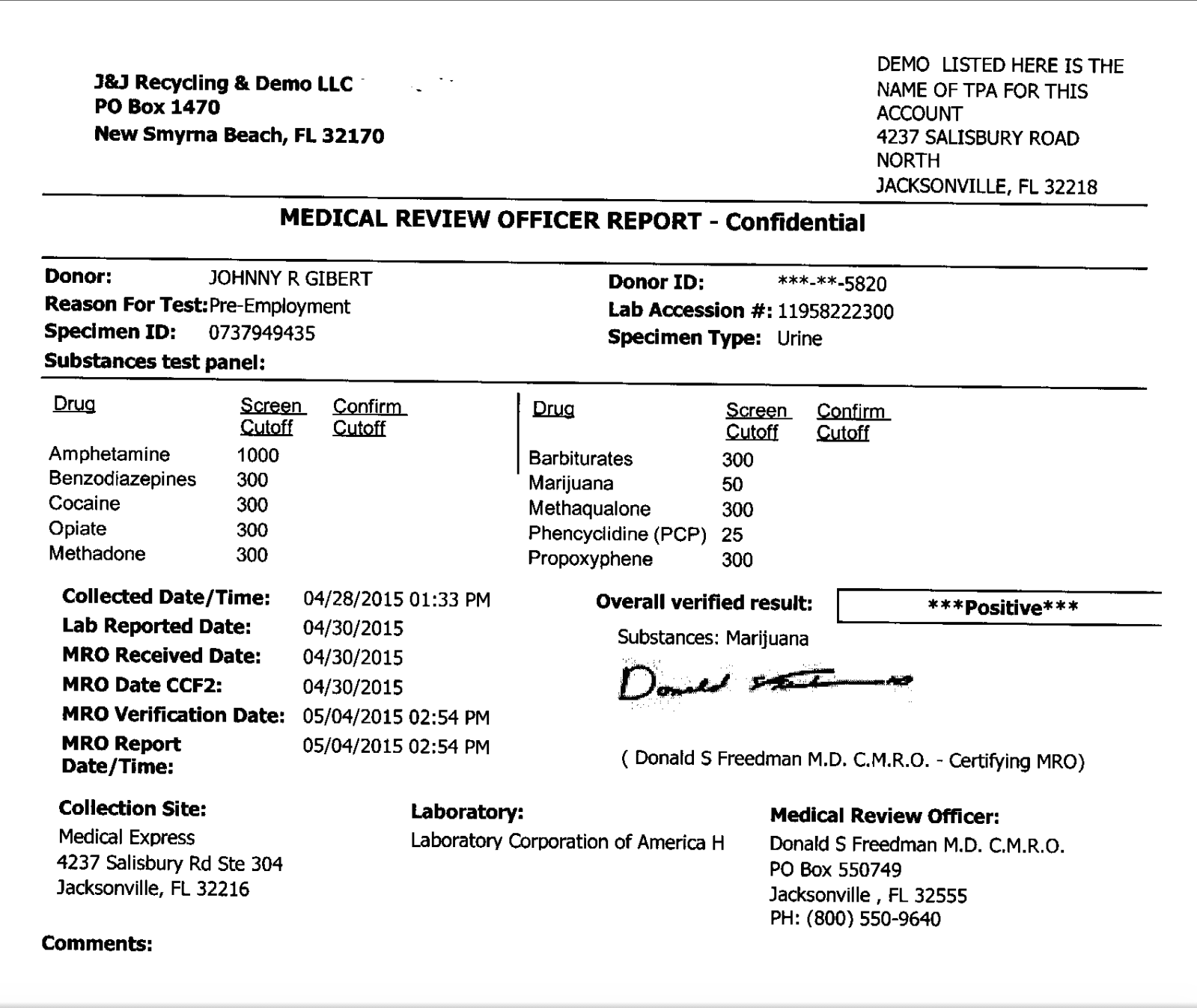 Drug Testing Result Examples from American Medical Review Officer